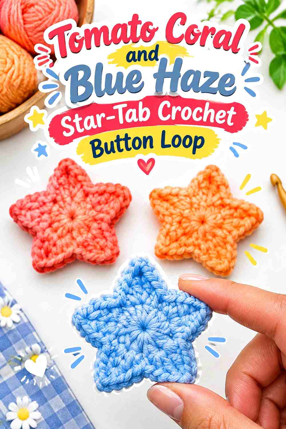 Tomato Coral and Blue Haze Star Tab Crochet Button Loop