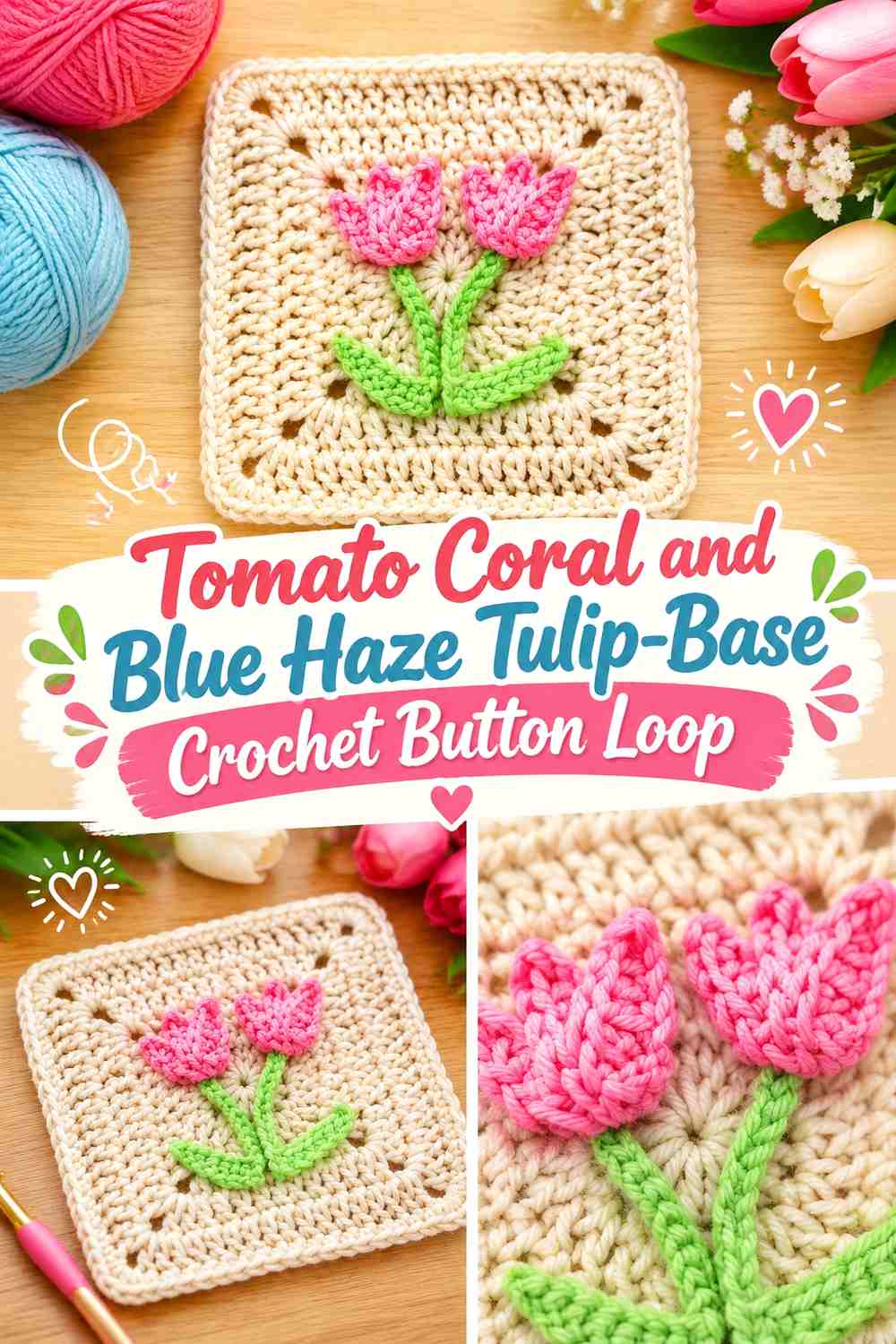 Tomato Coral and Blue Haze Tulip Base Crochet Button Loop