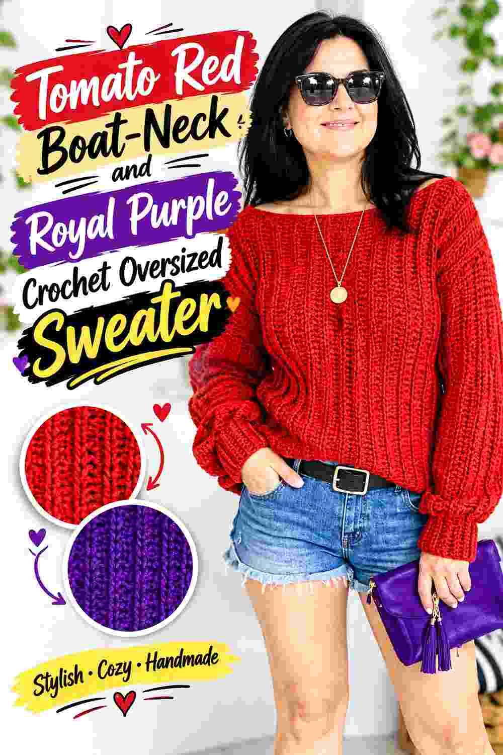 9. Tomato Red Boat Neck And Royal Purple Crochet Oversized Sweater