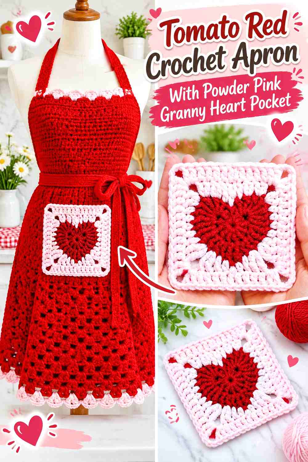 Tomato Red Crochet Apron With Powder Pink Granny Heart Pocket