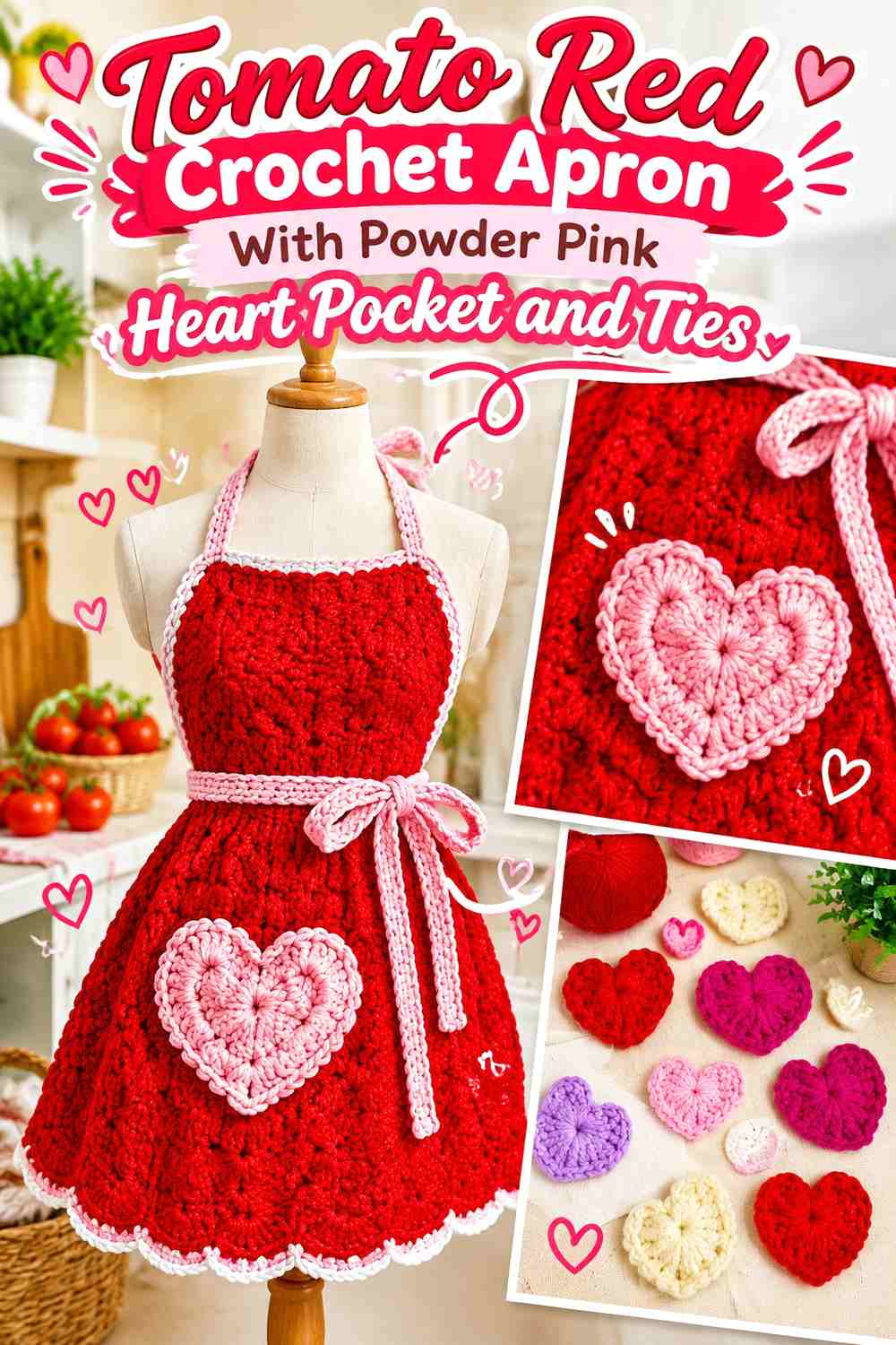 Tomato Red Crochet Apron With Powder Pink Heart Pocket and Ties