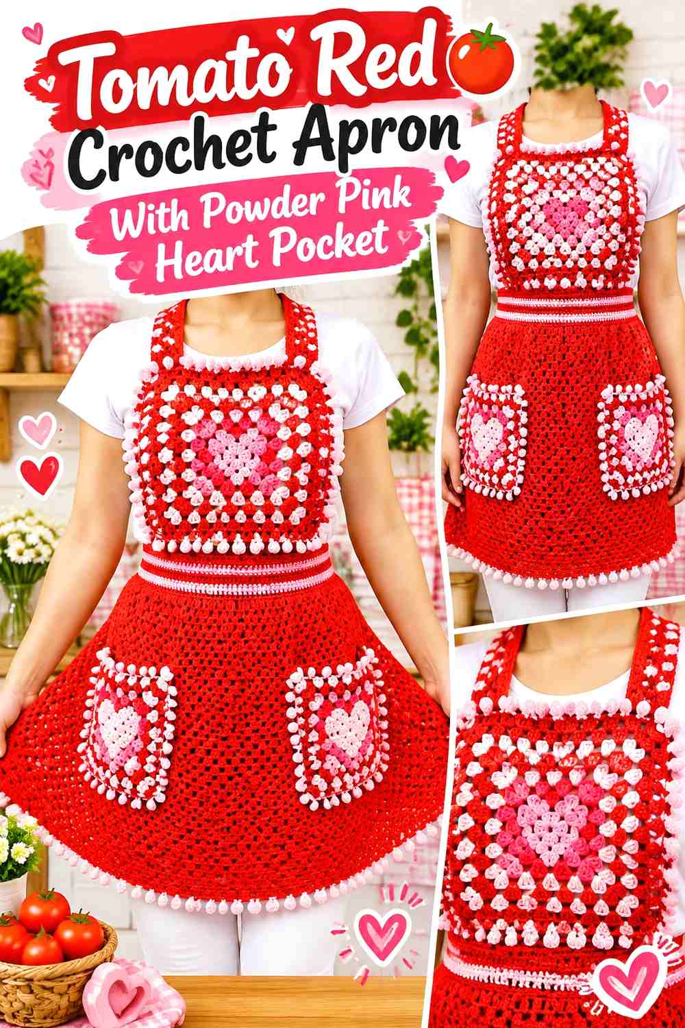 Tomato Red Crochet Apron With Powder Pink Heart Pocket