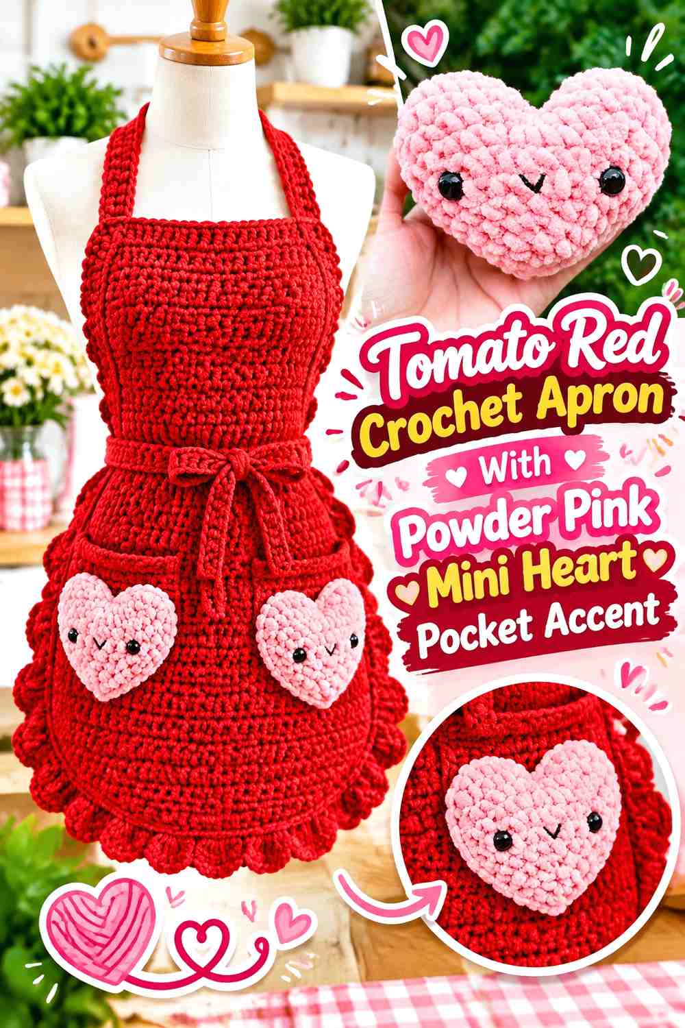 Tomato Red Crochet Apron With Powder Pink Mini Heart Pocket Accent