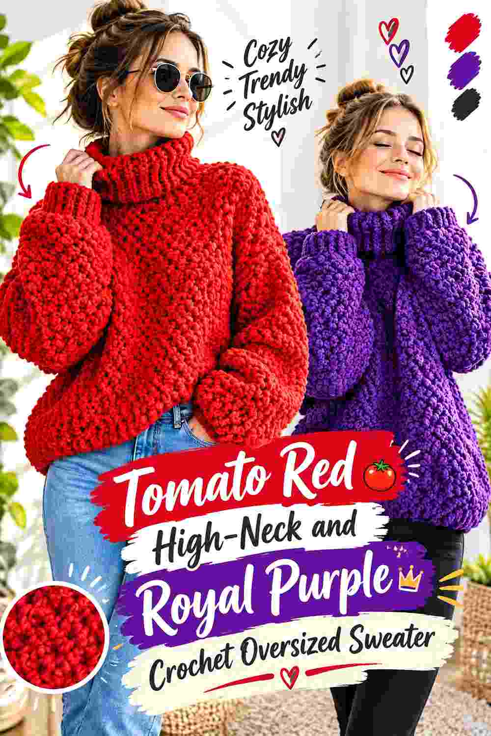 3. Tomato Red High Neck And Royal Purple Crochet Oversized Sweater