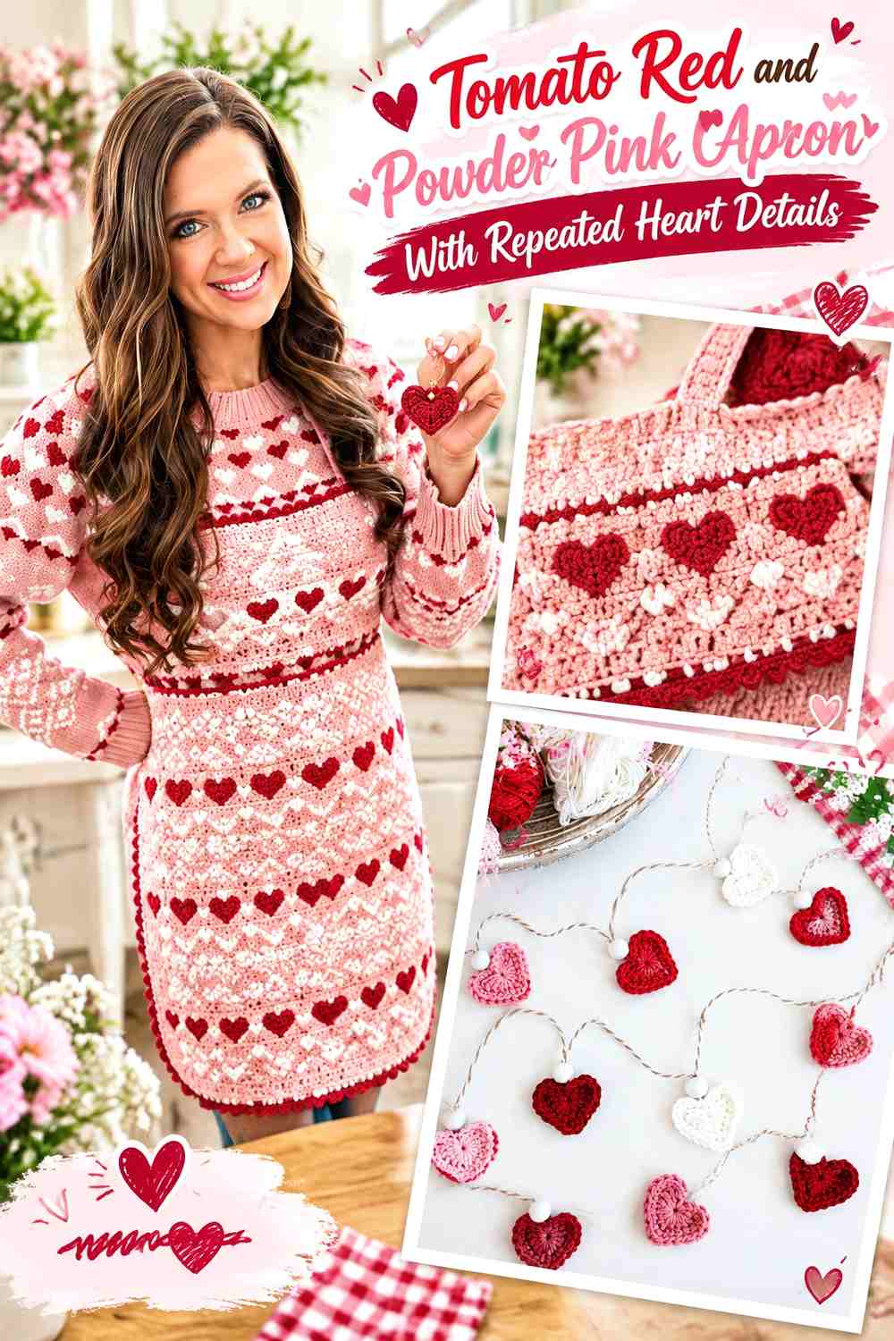 Tomato Red and Powder Pink Crochet Apron With Repeated Heart Details