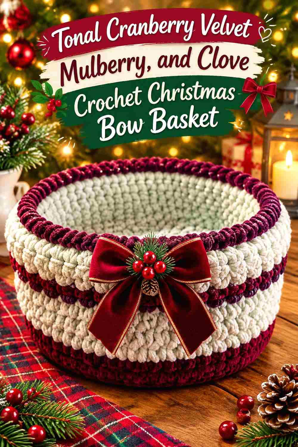 18. Tonal Cranberry Velvet Mulberry And Clove Crochet Christmas Bow Basket