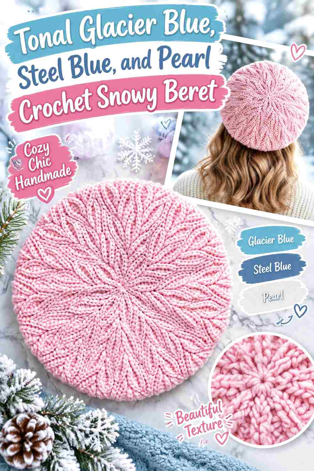 14. Tonal Glacier Blue Steel Blue And Pearl Crochet Snowy Beret