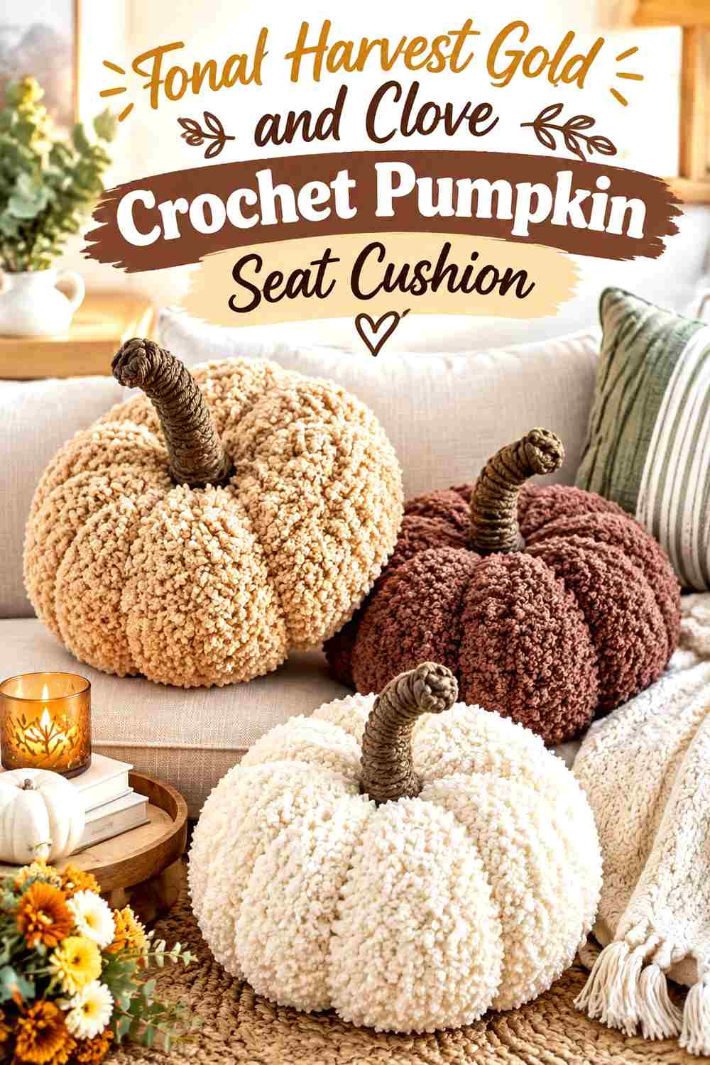 14. Tonal Harvest Gold And Clove Crochet Pumpkin Seat Cushion