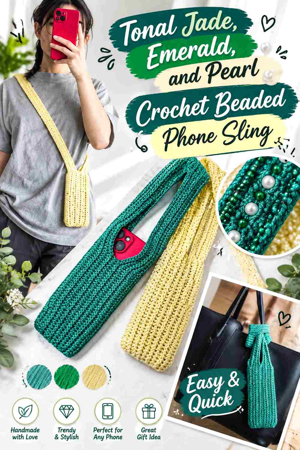 17. Tonal Jade Emerald And Pearl Crochet Beaded Phone Sling