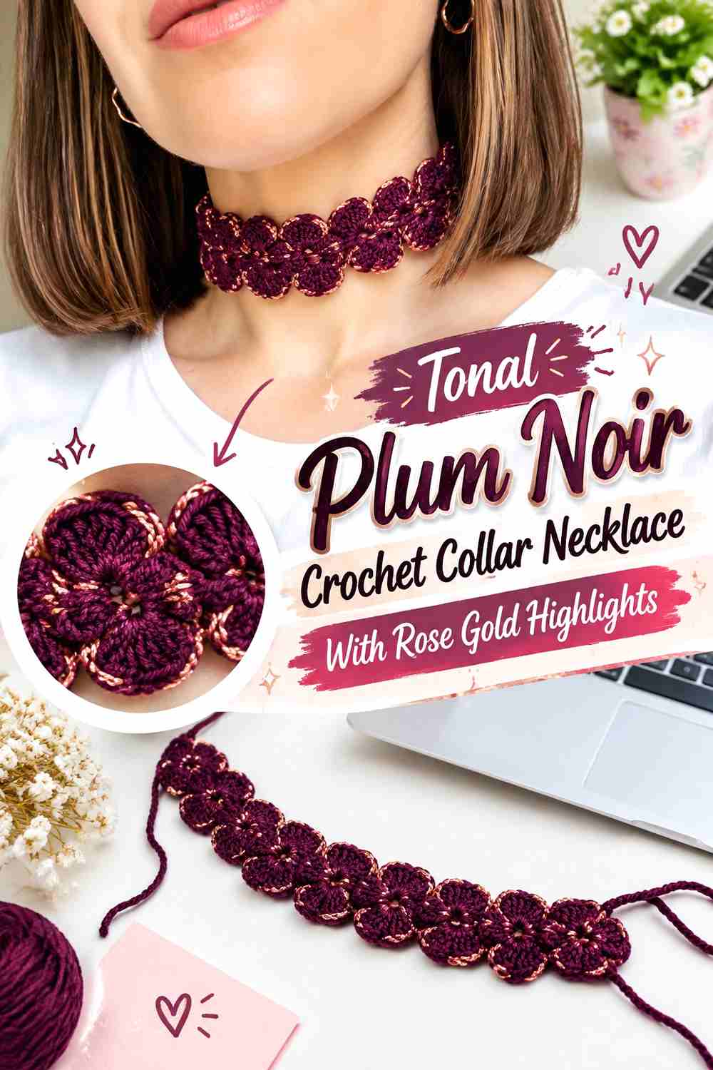 9. Tonal Plum Noir Crochet Collar Necklace With Rose Gold Highlights