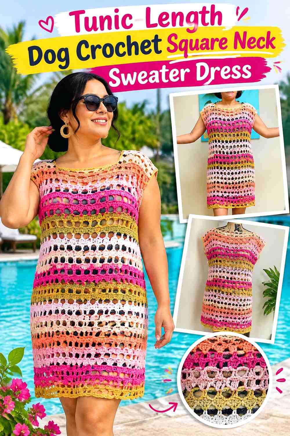 Tunic-Length Dog Crochet Square Neck Sweater Dress