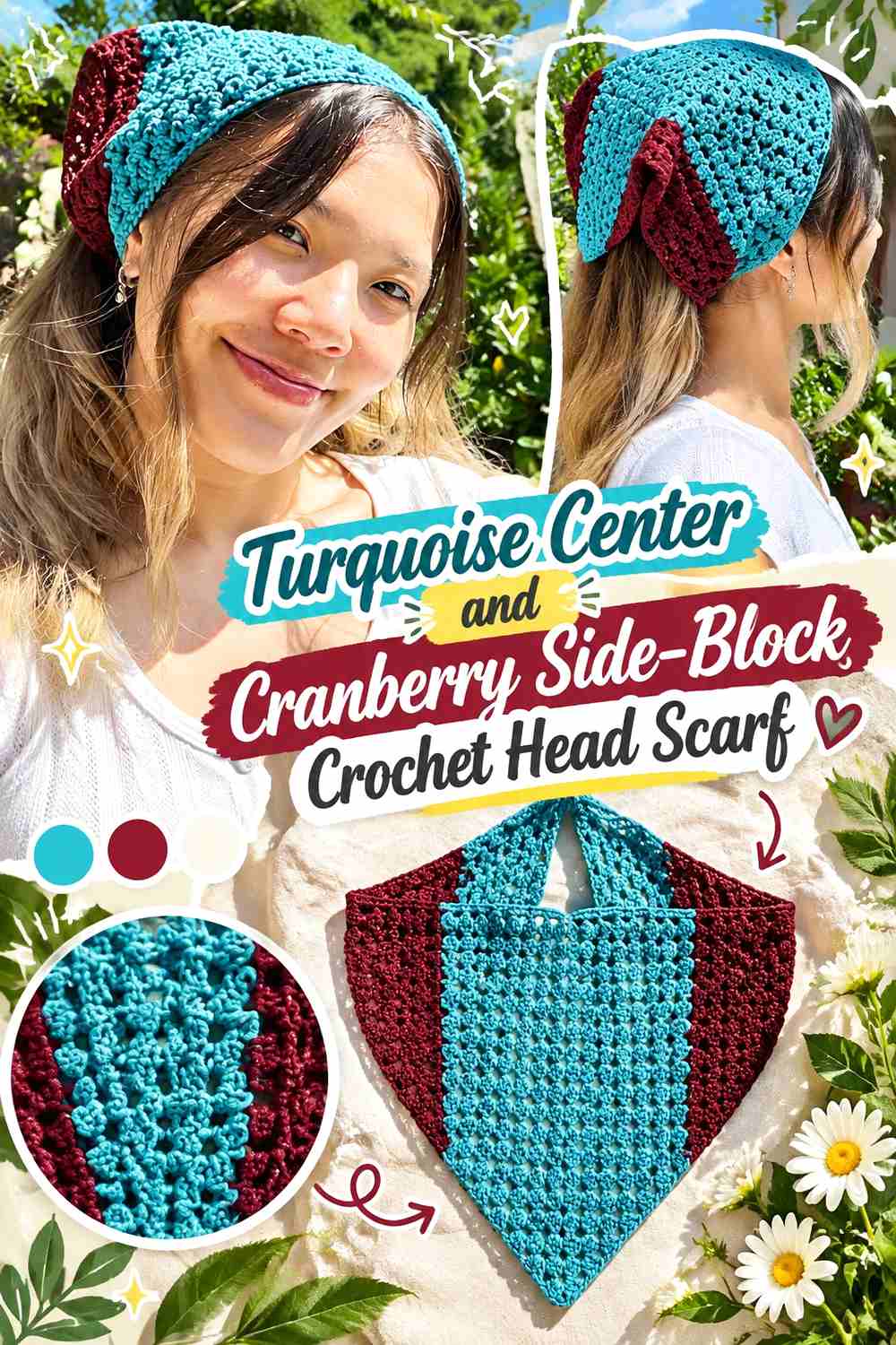 1. Turquoise Center And Cranberry Side Block Crochet Head Scarf