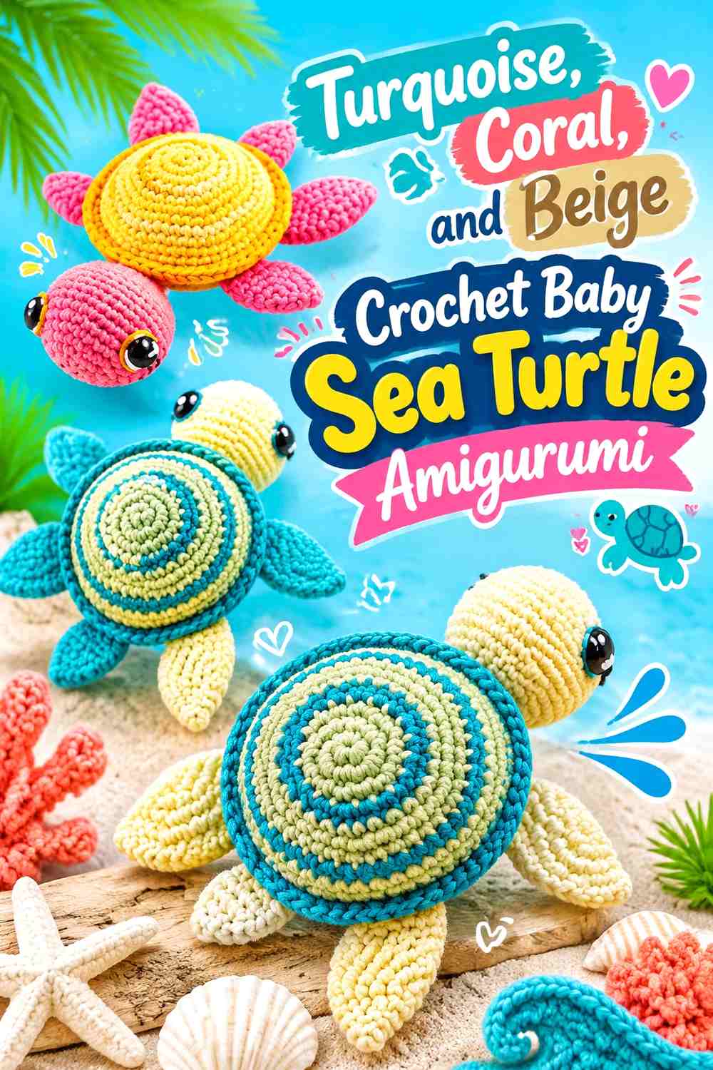 Turquoise, Coral, and Beige Crochet Baby Sea Turtle Amigurumi