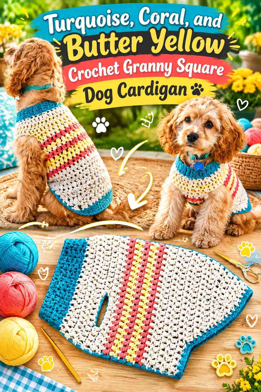 Turquoise, Coral, and Butter Yellow Crochet Granny Square Dog Cardigan