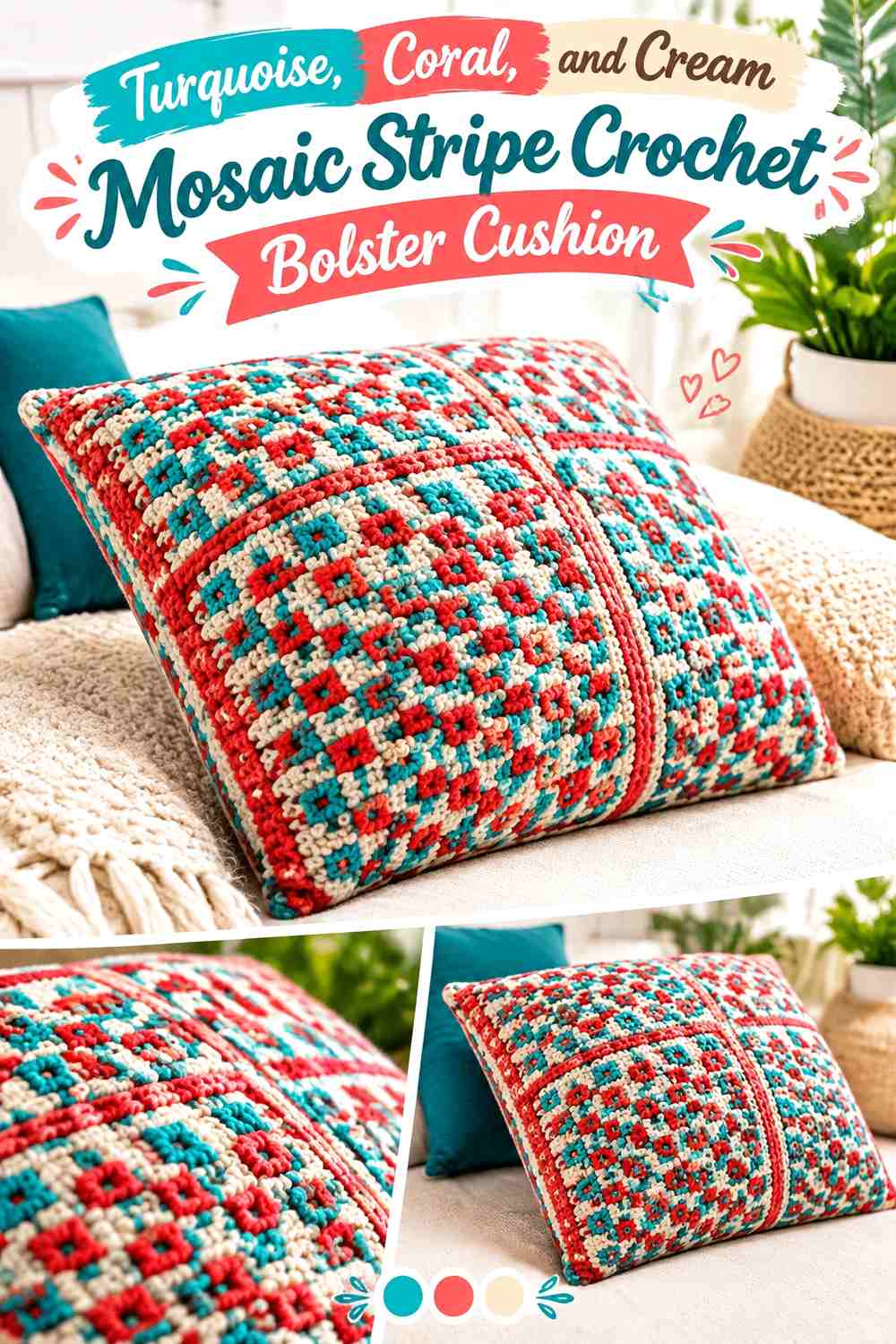 Turquoise, Coral, and Cream Mosaic Stripe Crochet Bolster Cushion