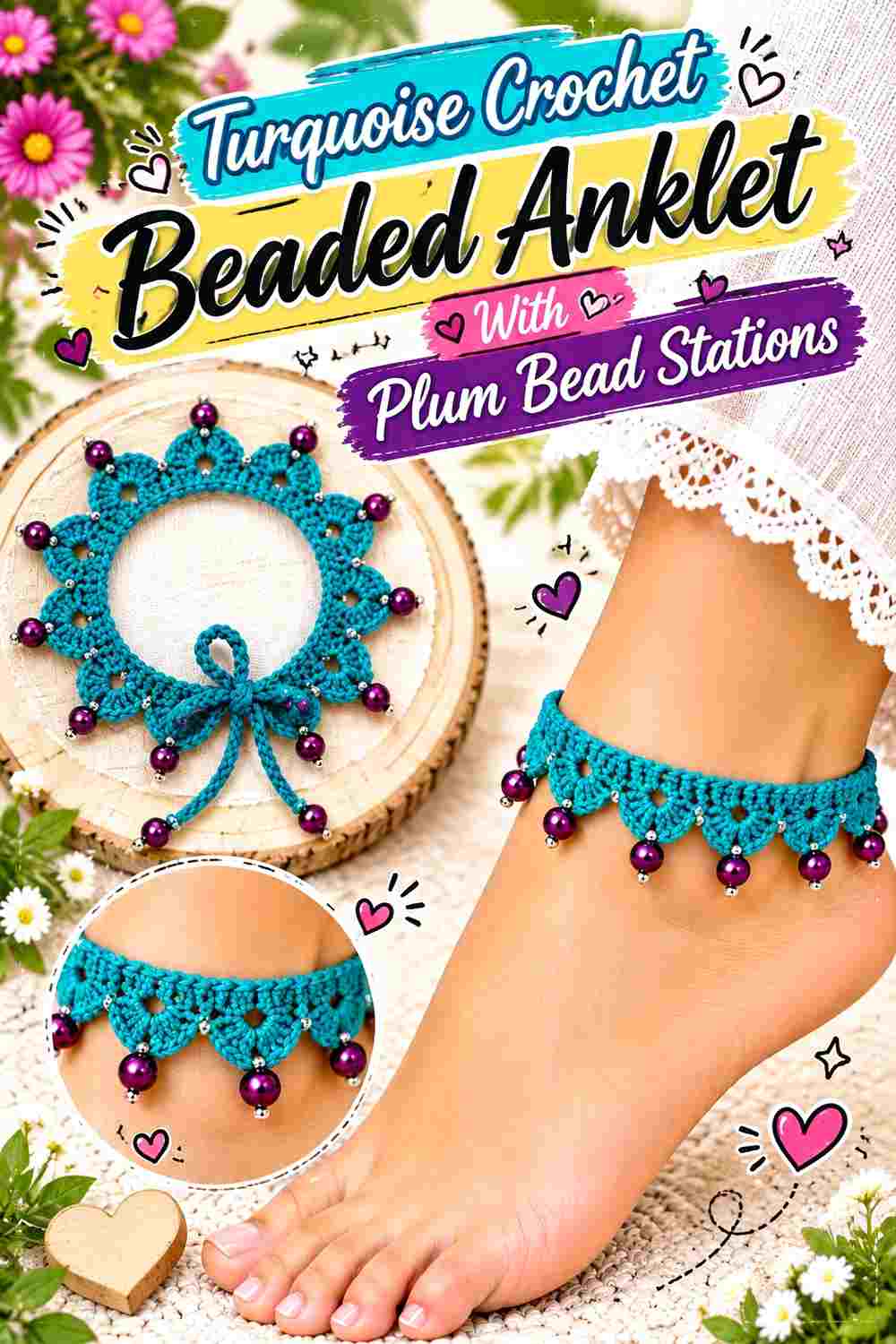 1. Turquoise Crochet Beaded Anklet With Plum Bead Stations