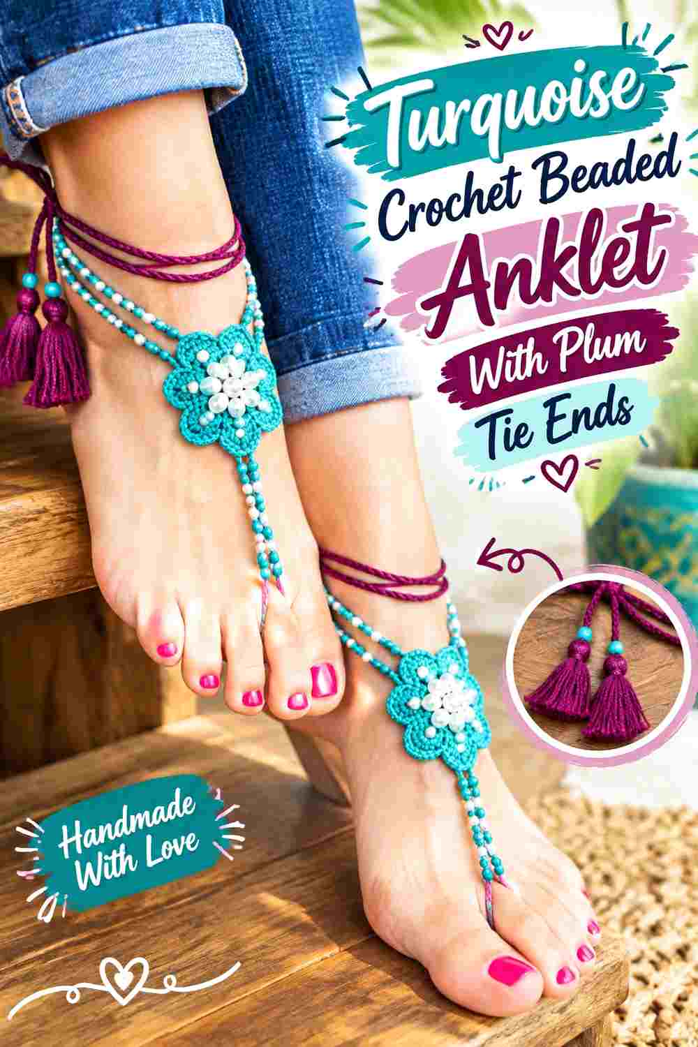 9. Turquoise Crochet Beaded Anklet With Plum Tie Ends