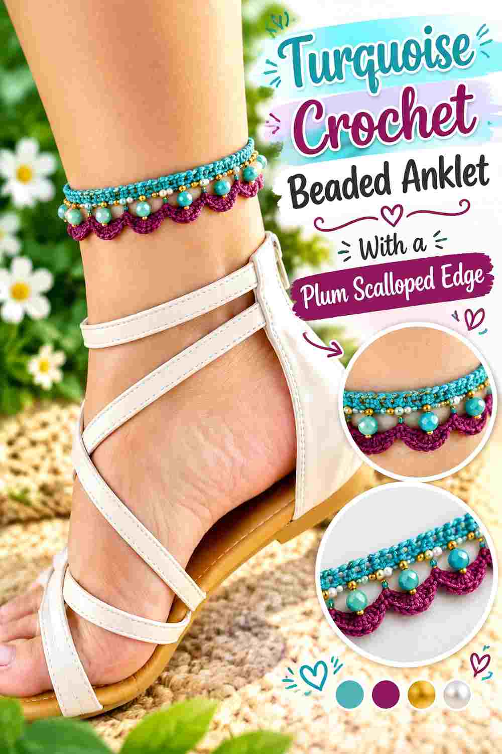 3. Turquoise Crochet Beaded Anklet With A Plum Scalloped Edge