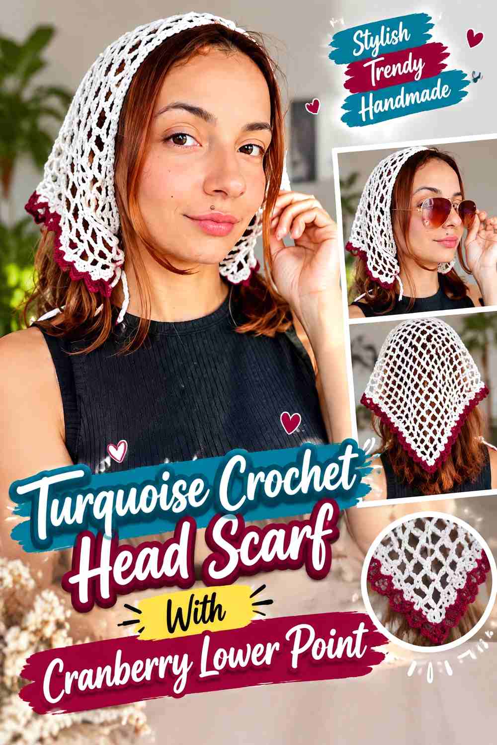 11. Turquoise Crochet Head Scarf With Cranberry Lower Point