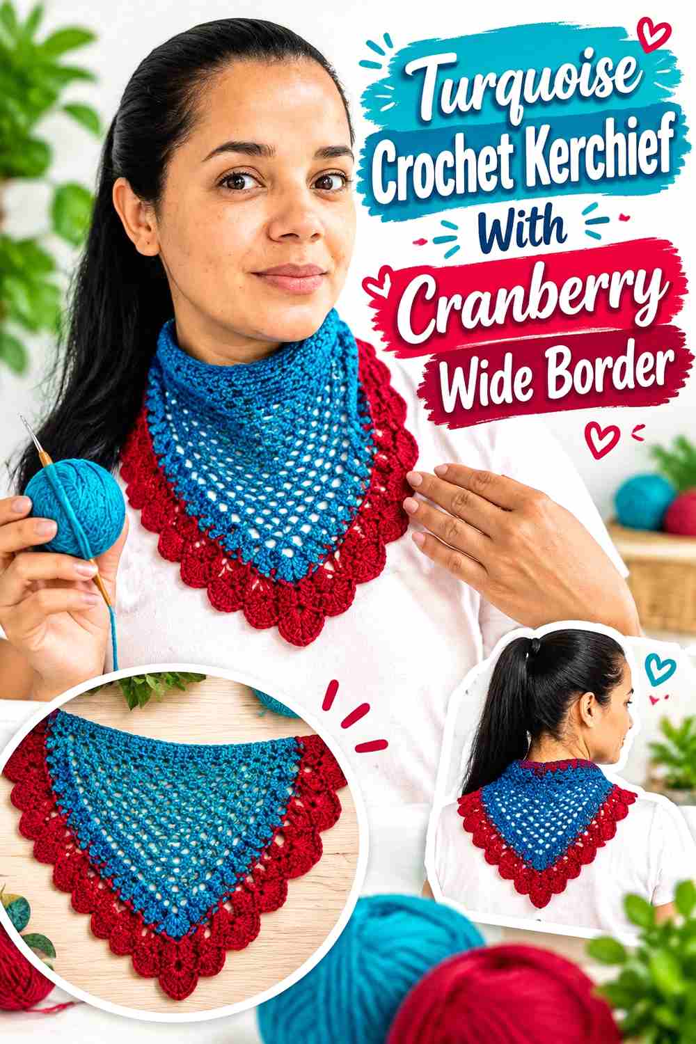 16. Turquoise Crochet Kerchief With Cranberry Wide Border