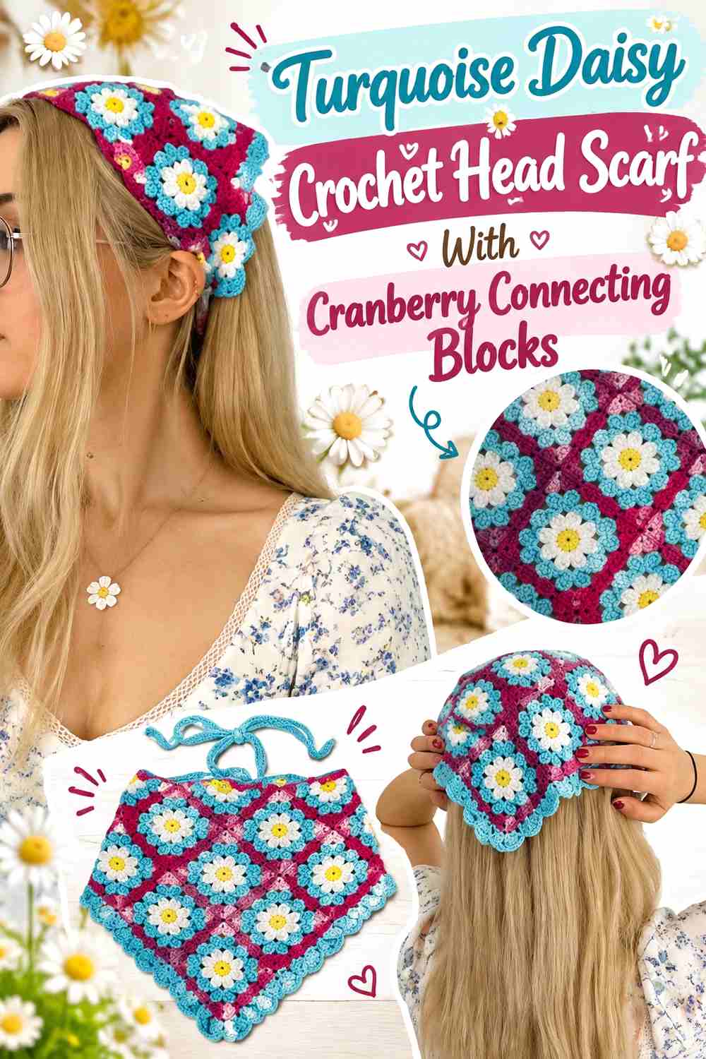 13. Turquoise Daisy Crochet Head Scarf With Cranberry Connecting Blocks
