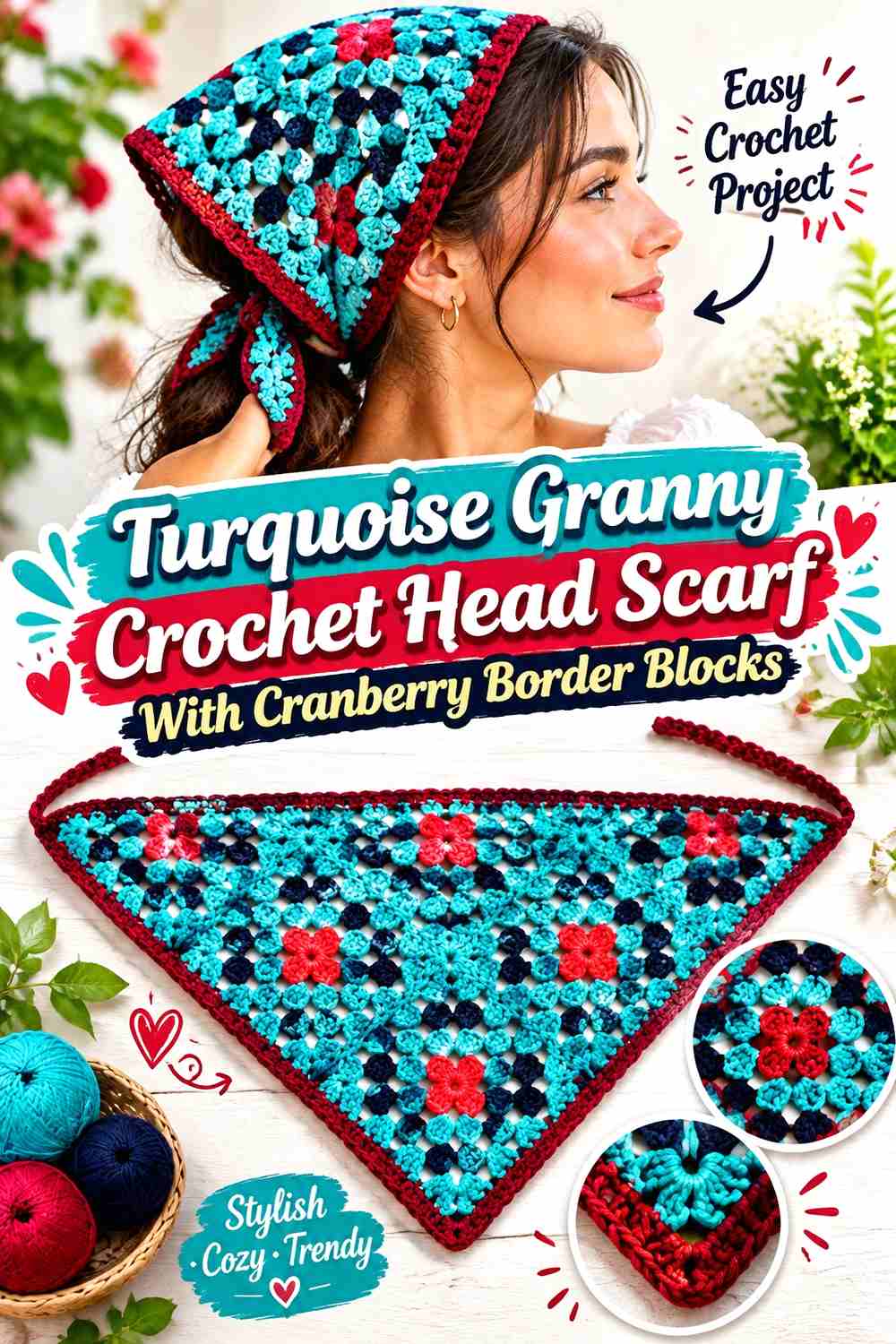 4. Turquoise Granny Crochet Head Scarf With Cranberry Border Blocks