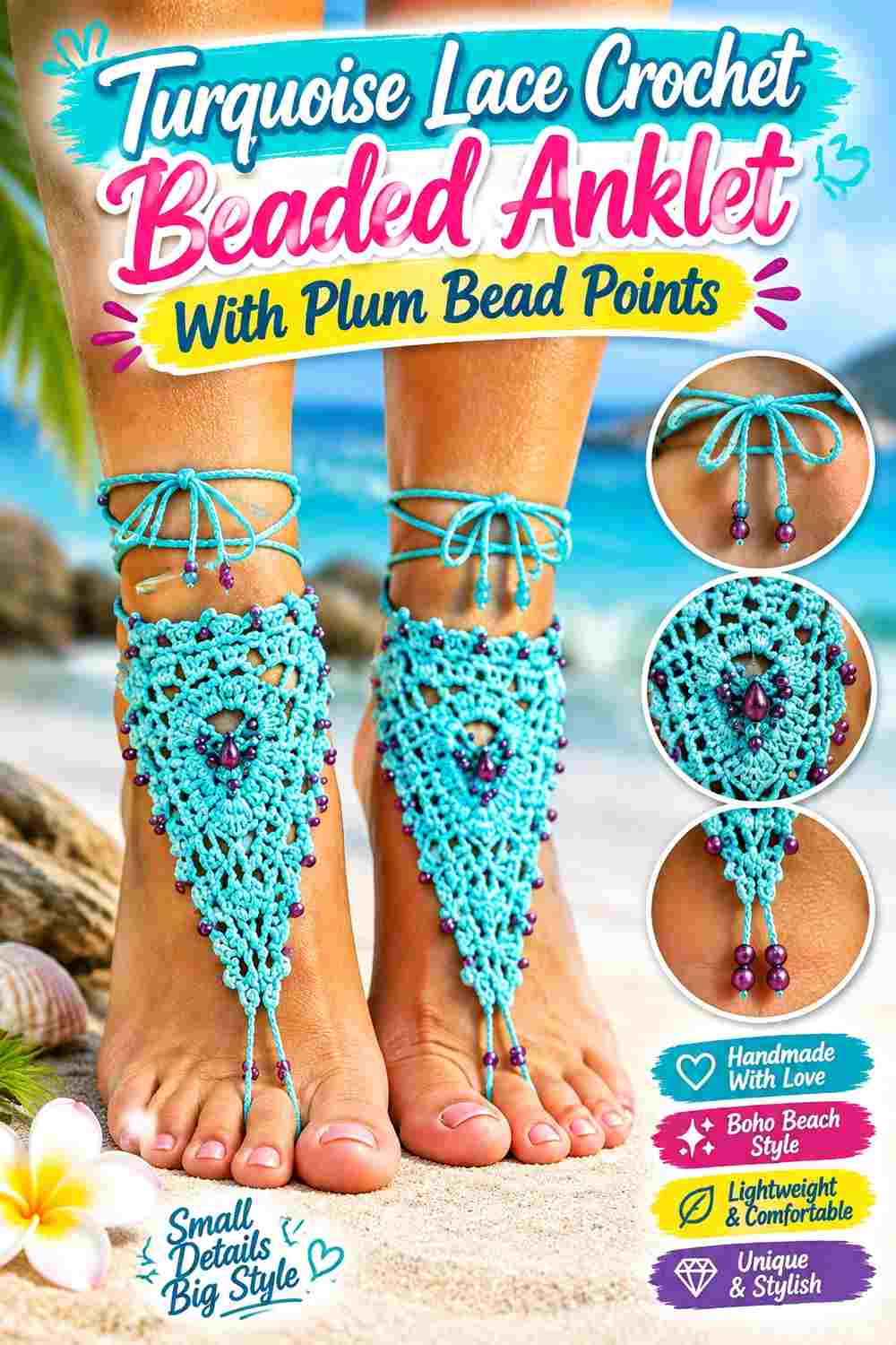 7. Turquoise Lace Crochet Beaded Anklet With Plum Bead Points