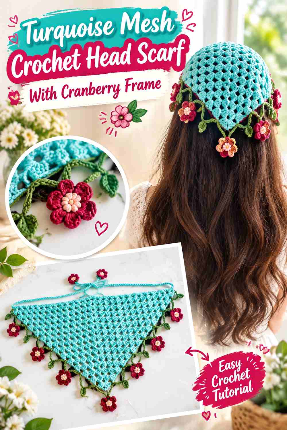 6. Turquoise Mesh Crochet Head Scarf With Cranberry Frame