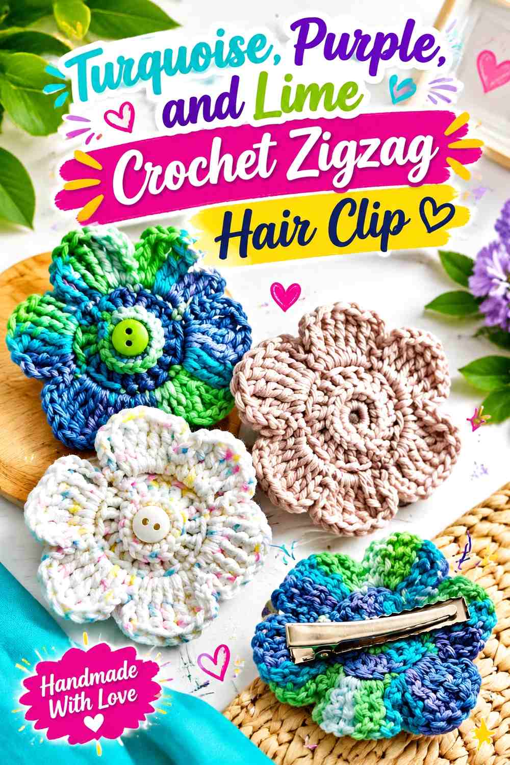 Turquoise, Purple, and Lime Crochet Zigzag Hair Clip