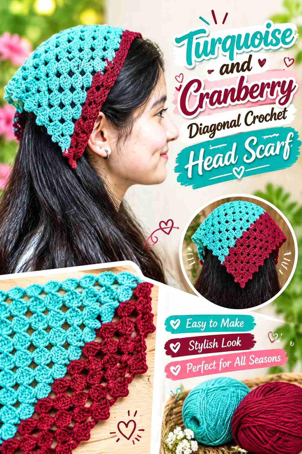 3. Turquoise And Cranberry Diagonal Crochet Head Scarf