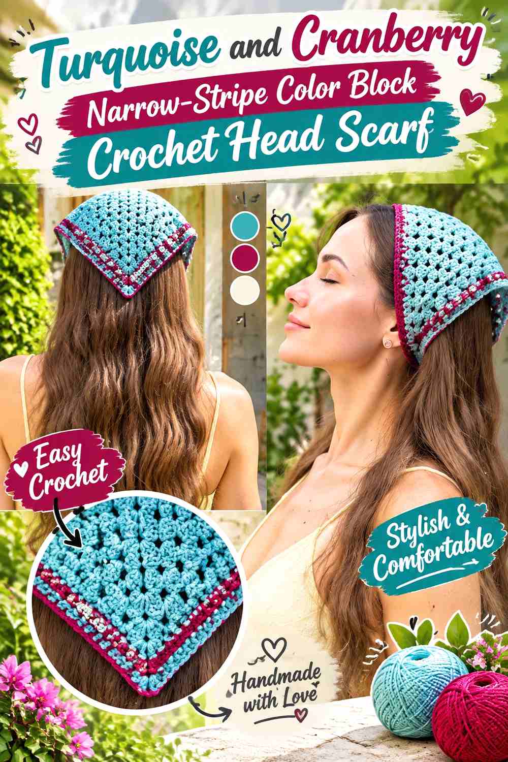 15. Turquoise And Cranberry Narrow Stripe Color Block Crochet Head Scarf
