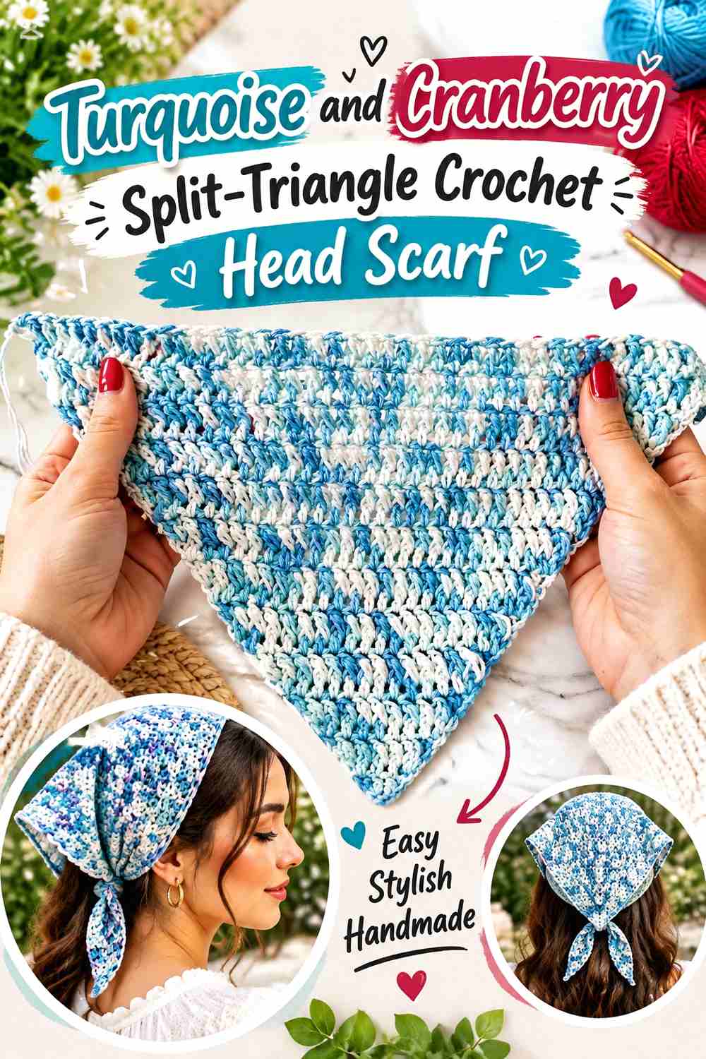 18. Turquoise And Cranberry Split Triangle Crochet Head Scarf