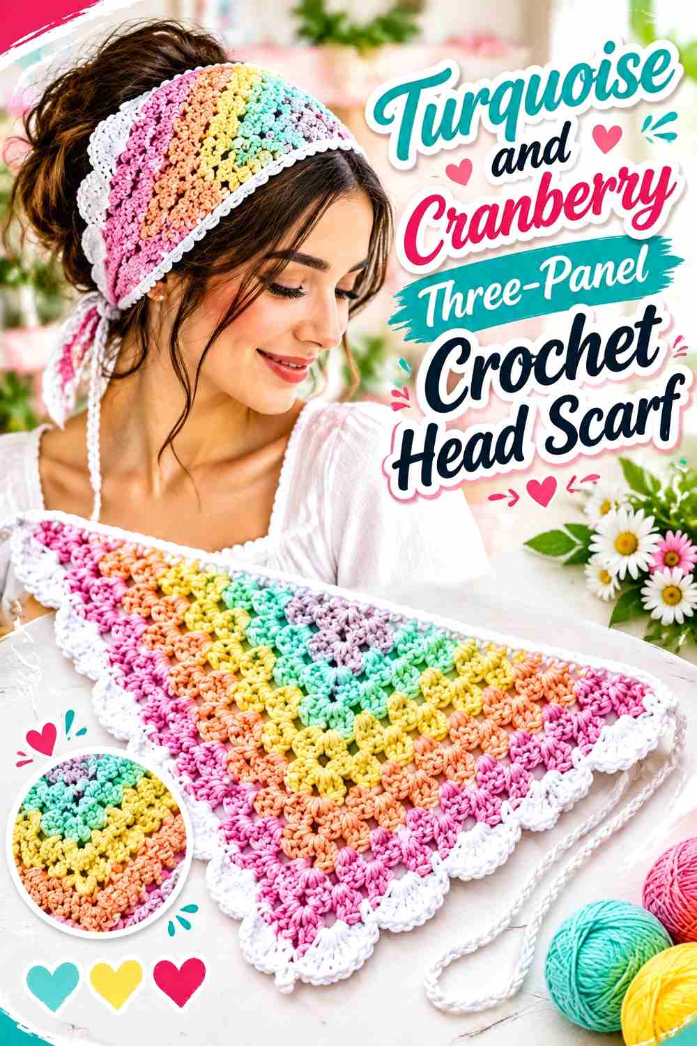 7. Turquoise And Cranberry Three Panel Crochet Head Scarf