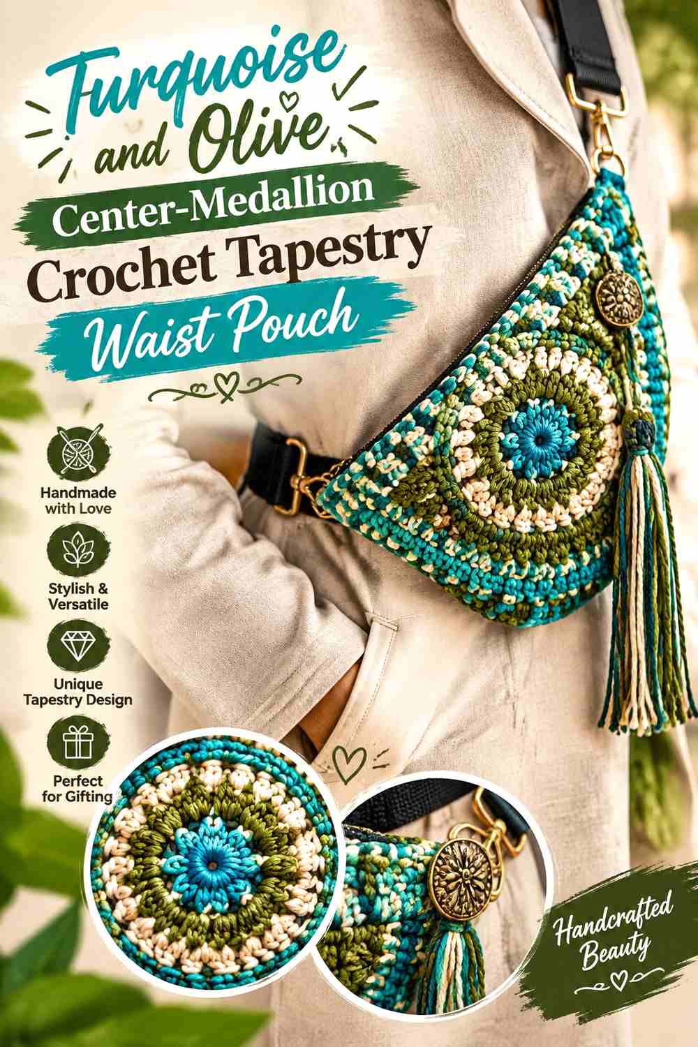 8. Turquoise And Olive Center Medallion Crochet Tapestry Waist Pouch