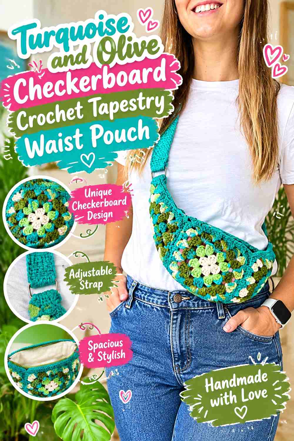 3. Turquoise And Olive Checkerboard Crochet Tapestry Waist Pouch