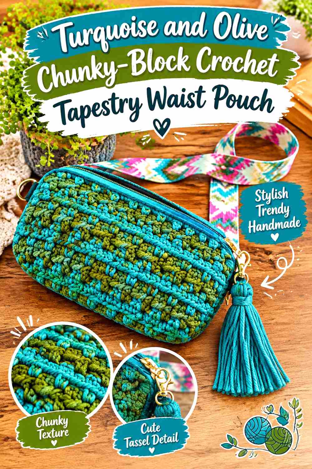 14. Turquoise And Olive Chunky Block Crochet Tapestry Waist Pouch