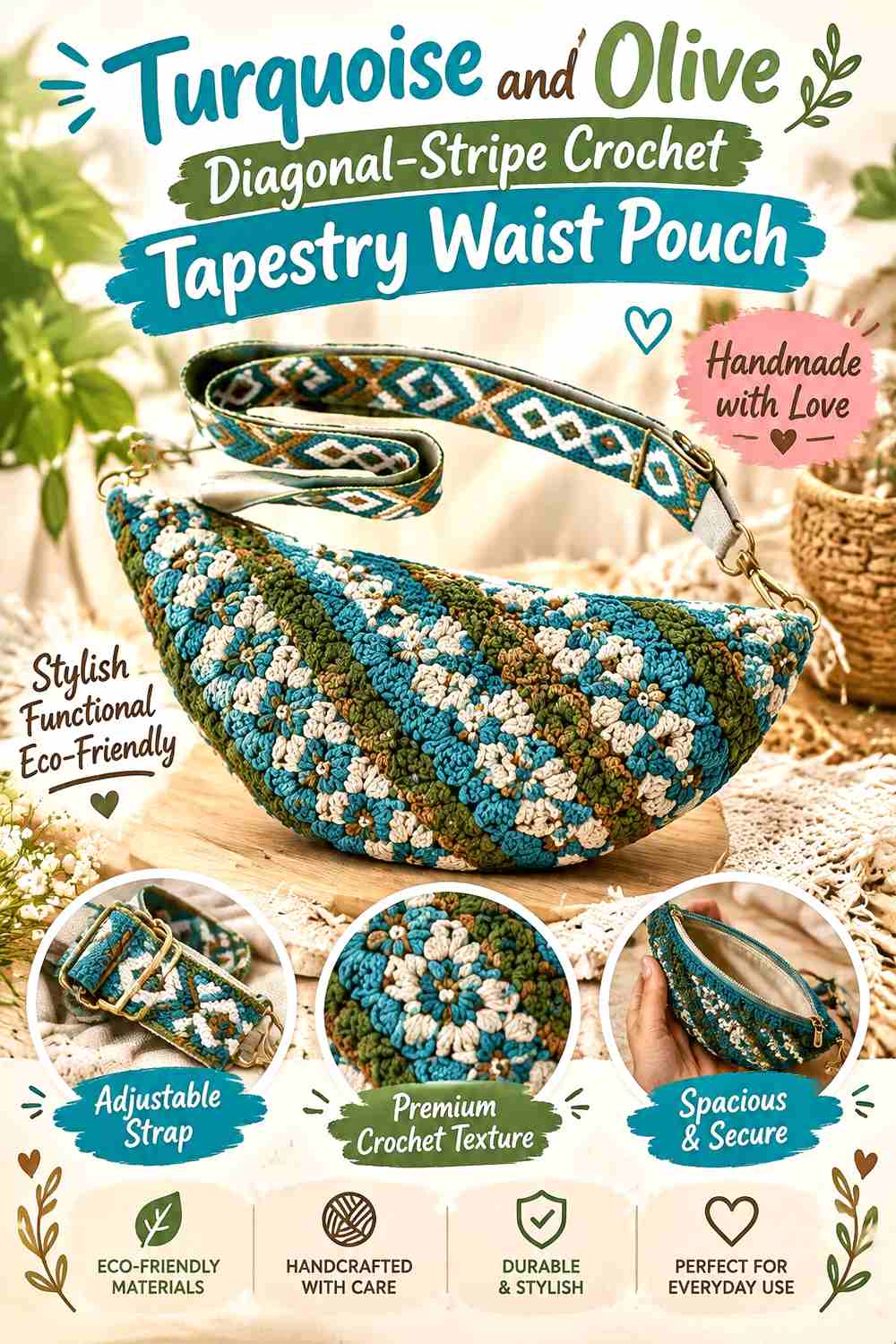 12. Turquoise And Olive Diagonal Stripe Crochet Tapestry Waist Pouch