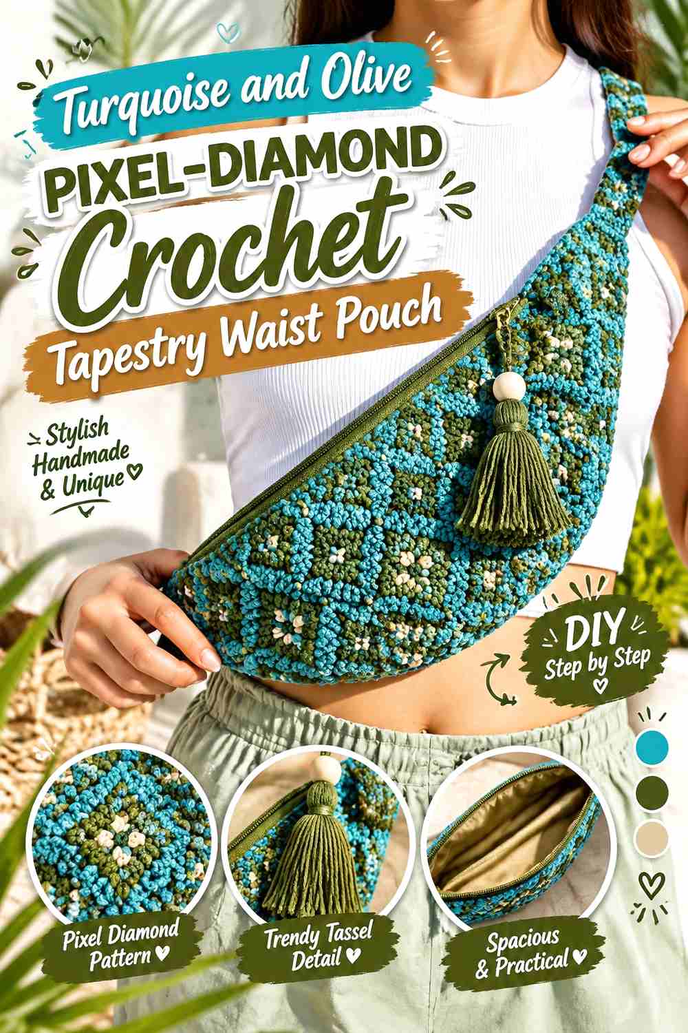 6. Turquoise And Olive Pixel Diamond Crochet Tapestry Waist Pouch