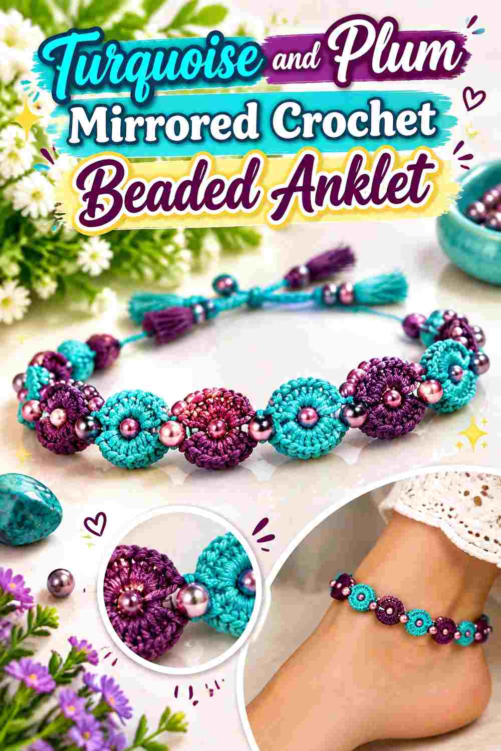 12. Turquoise And Plum Mirrored Crochet Beaded Anklet
