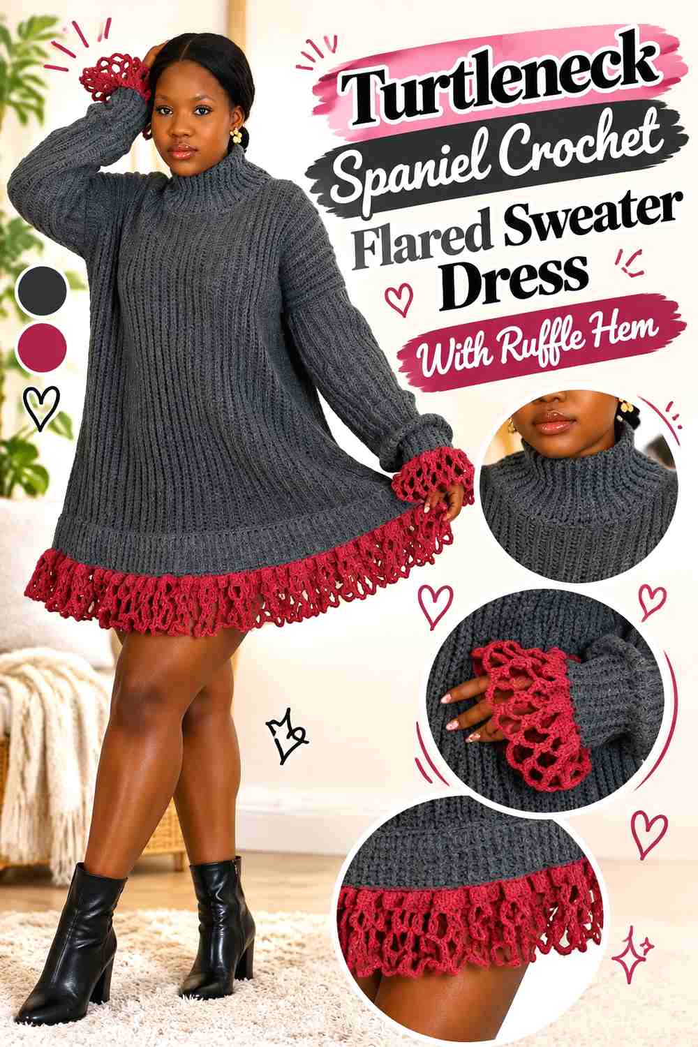 Turtleneck Spaniel Crochet Flared Sweater Dress With Ruffle Hem