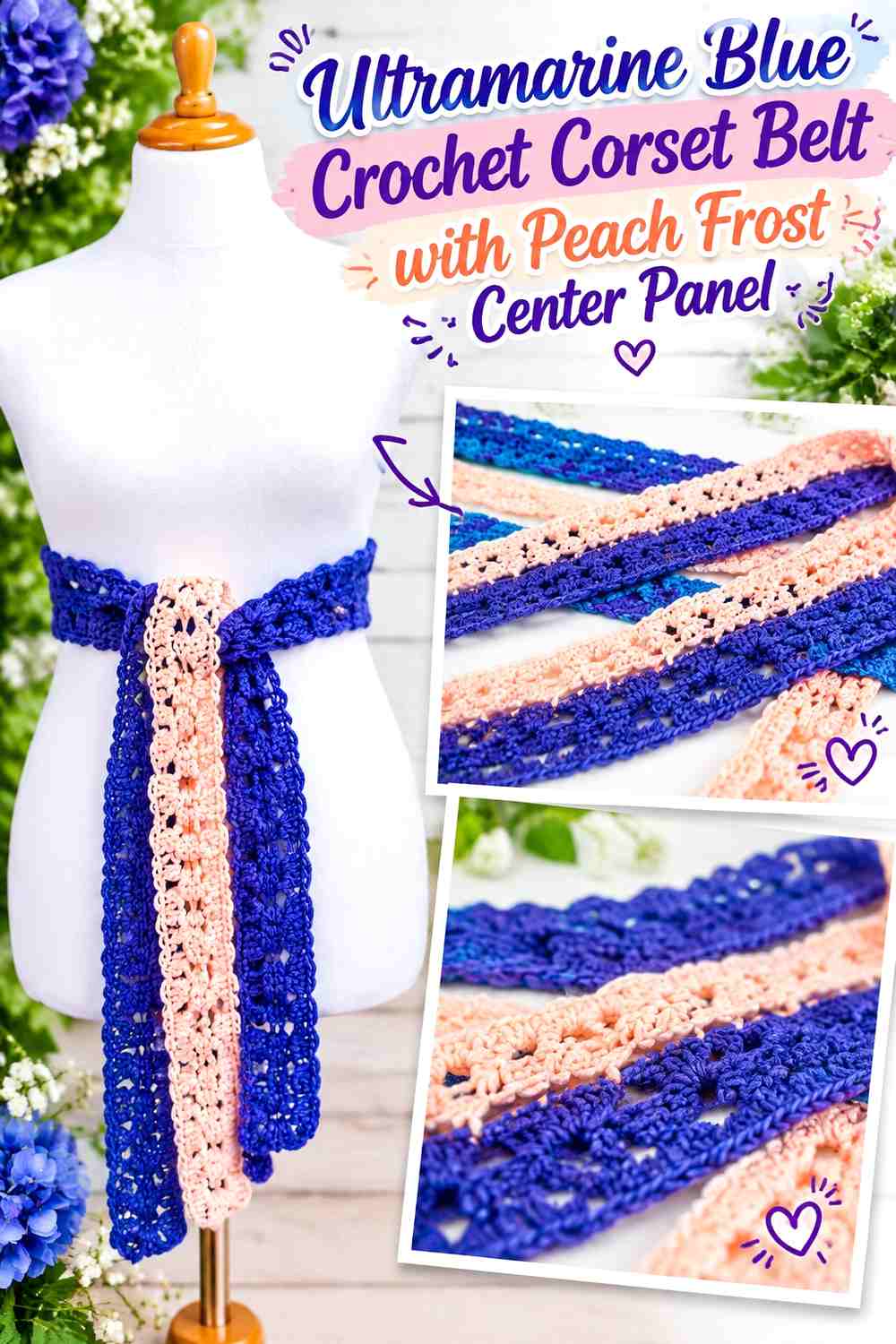 Ultramarine Blue Crochet Corset Belt with Peach Frost Center Panel