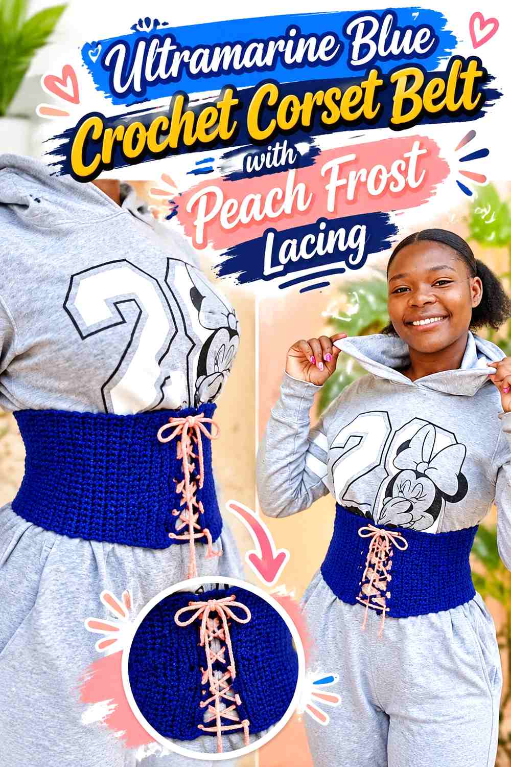 Ultramarine Blue Crochet Corset Belt with Peach Frost Lacing