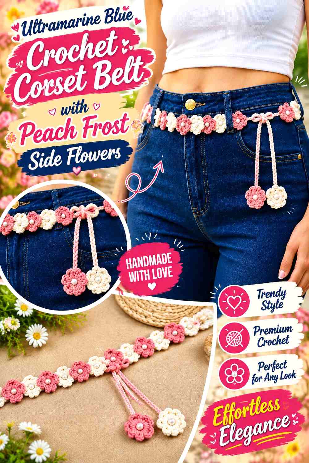 Ultramarine Blue Crochet Corset Belt with Peach Frost Side Flowers