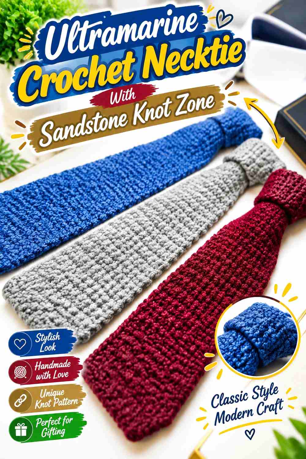 6. Ultramarine Crochet Necktie With Sandstone Knot Zone