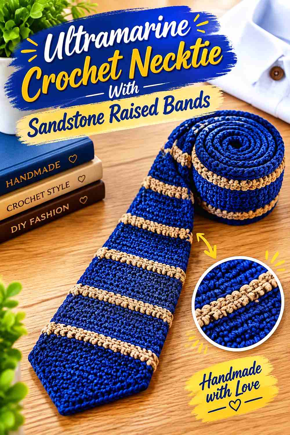 14. Ultramarine Crochet Necktie With Sandstone Raised Bands