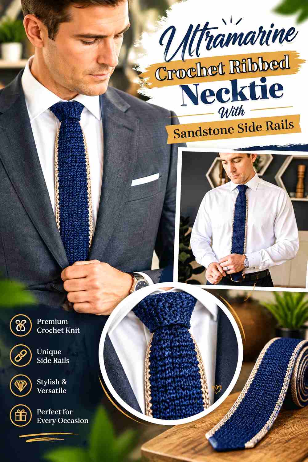 8. Ultramarine Crochet Ribbed Necktie With Sandstone Side Rails