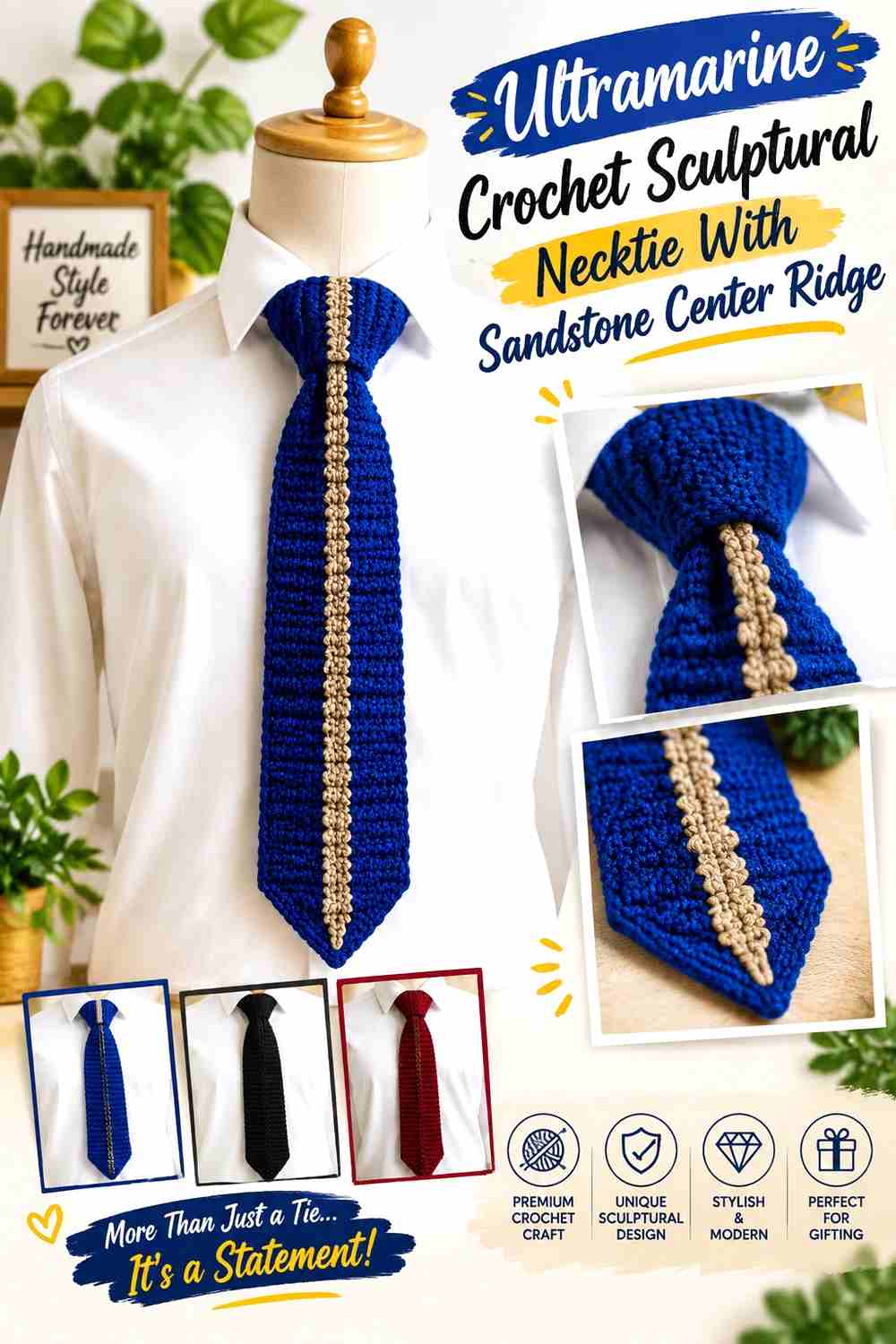1. Ultramarine Crochet Sculptural Necktie With Sandstone Center Ridge