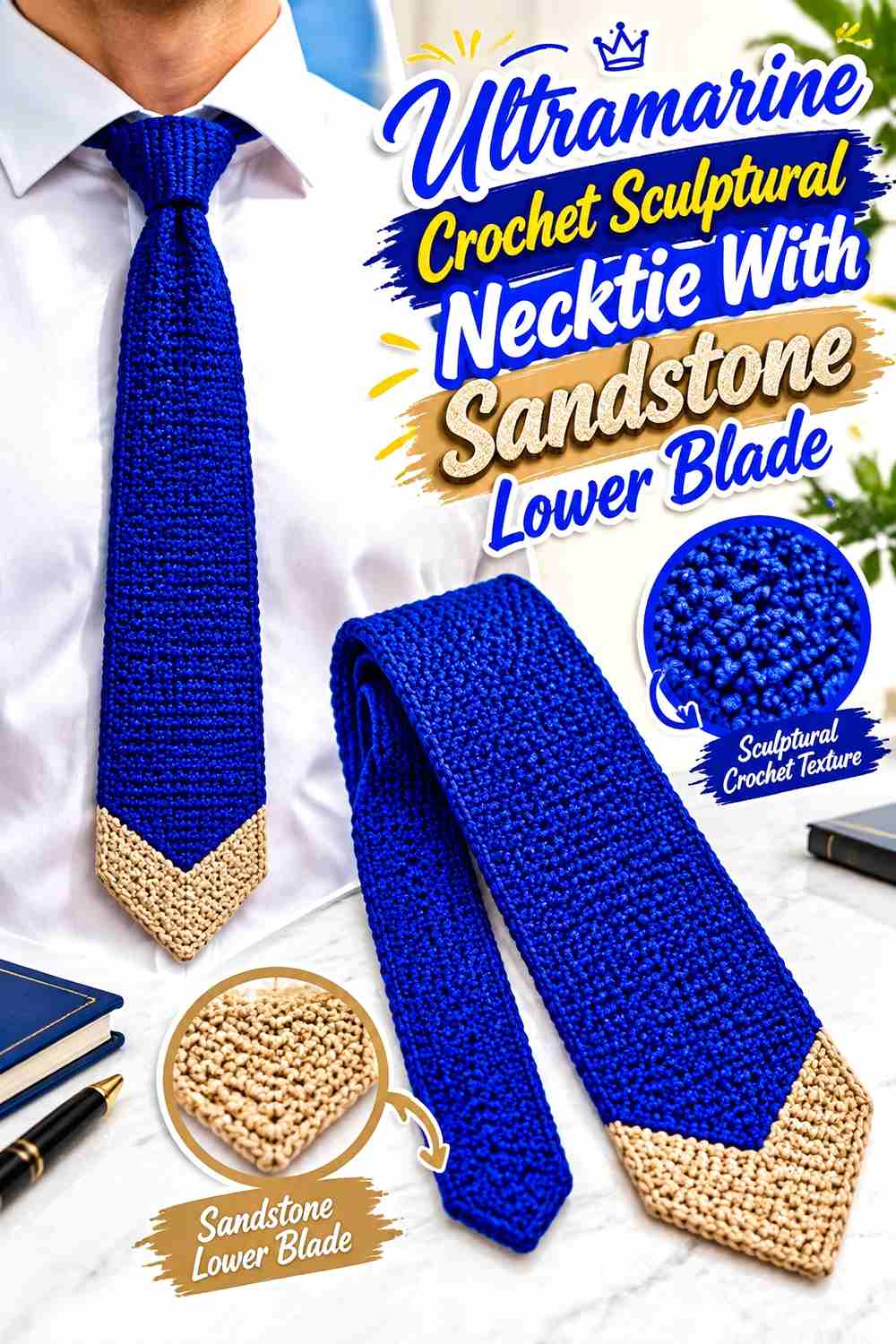 10. Ultramarine Crochet Sculptural Necktie With Sandstone Lower Blade