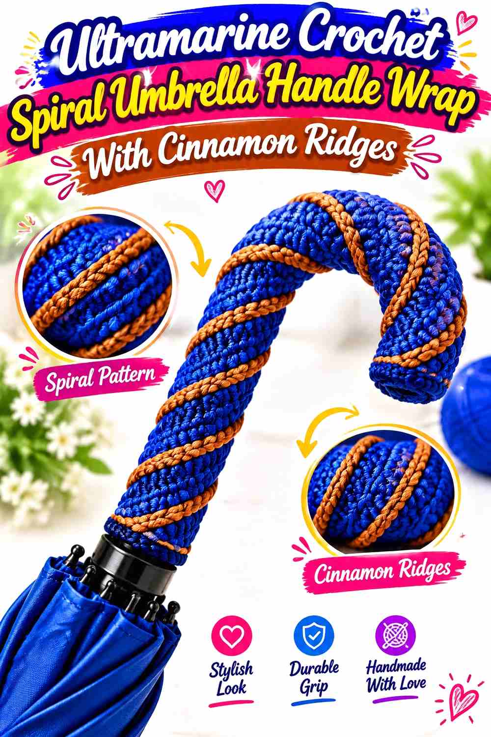 10. Ultramarine Crochet Spiral Umbrella Handle Wrap With Cinnamon Ridges