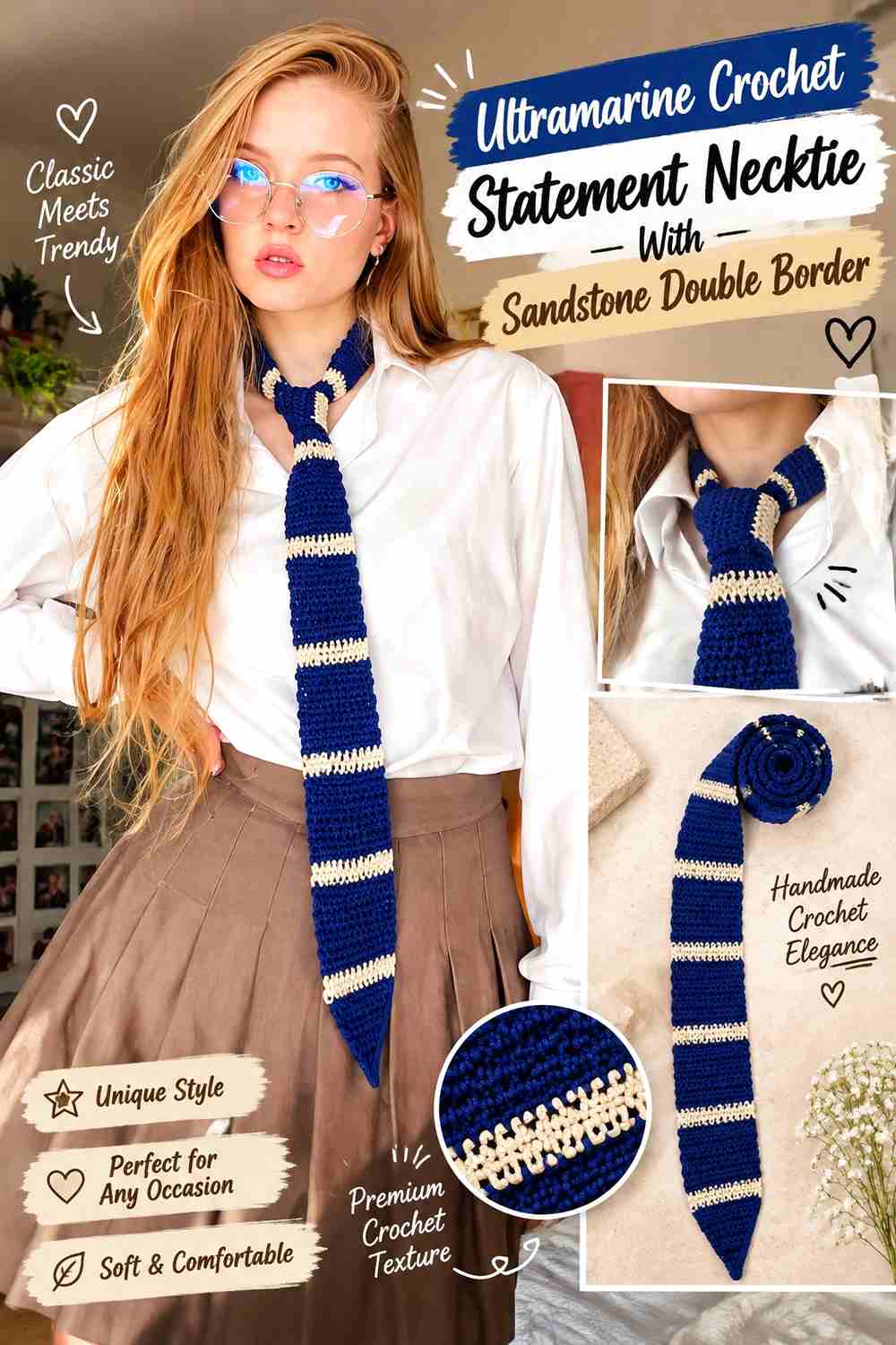 18. Ultramarine Crochet Statement Necktie With Sandstone Double Border